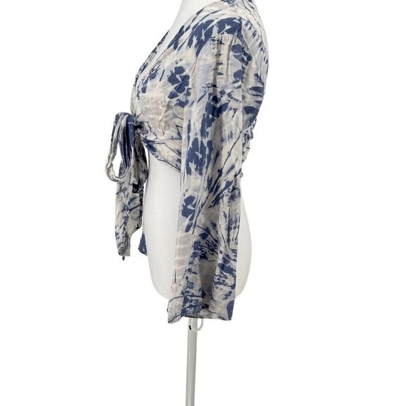 LUUKSE Tie Front Crop Top M Blue Gray Tie Dye Long Sleeve Festival Boho Shirt - Picture 2 of 8